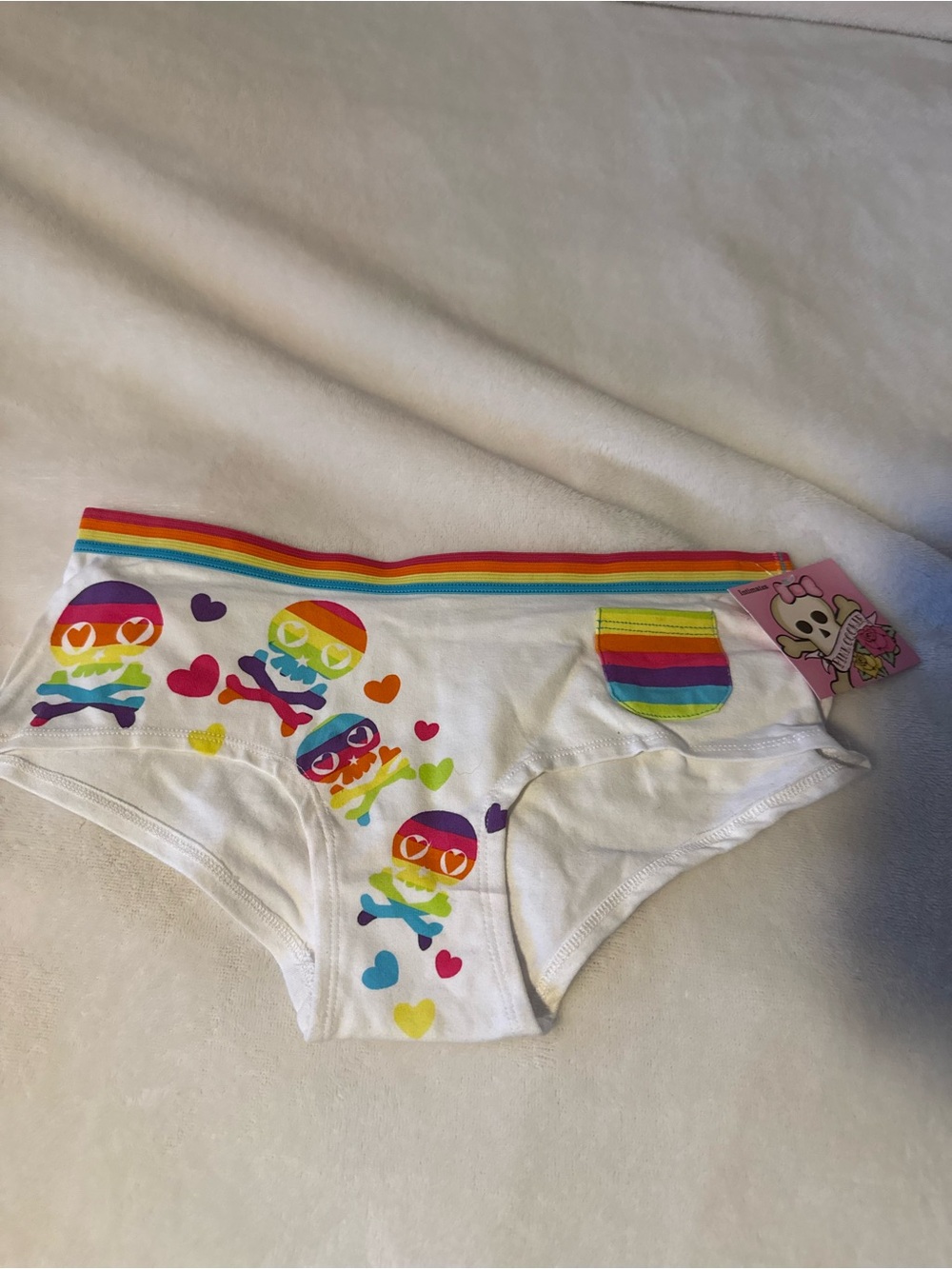 Pink Cookie White Hipster Panties with Rainbow Skull Print